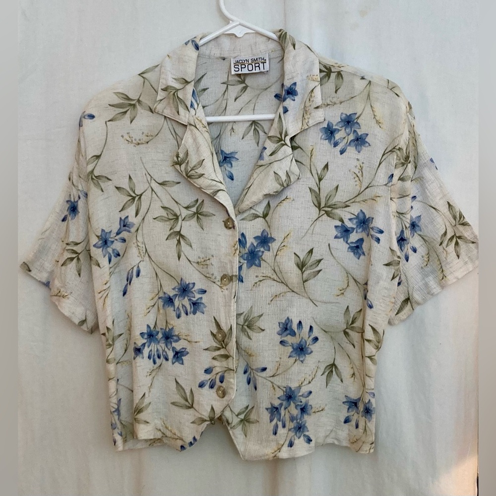 Jaclyn Smith Sport Blue & Green Floral Button Front Top Tie Back Size L